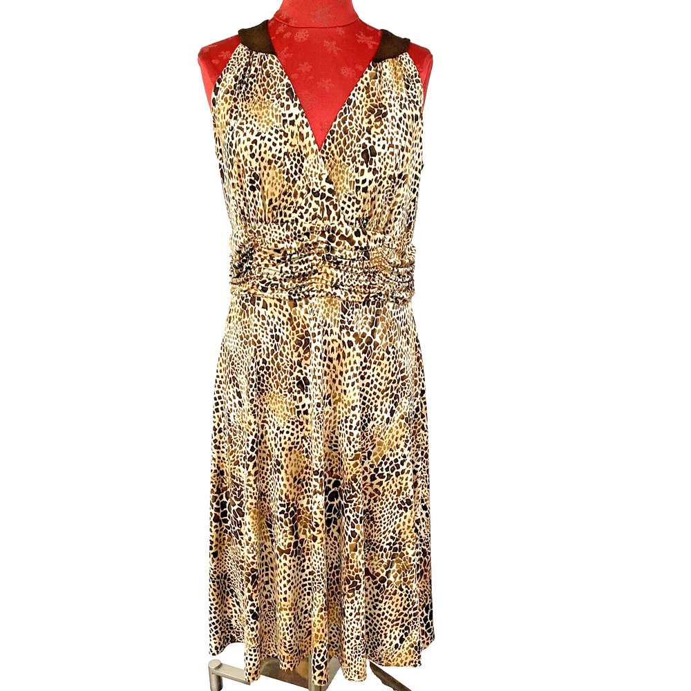 Dressbarn Size 12 Cocktail Dress Brown Black Animal Print Midi Sleeveless Dressy